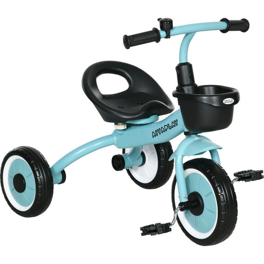 Qaba Kids Tricycle for Toddlers Age 2-5 with Adjustable Seat, Toddler Bike for Children with Basket, Bell, Handlebar Grips, Blue