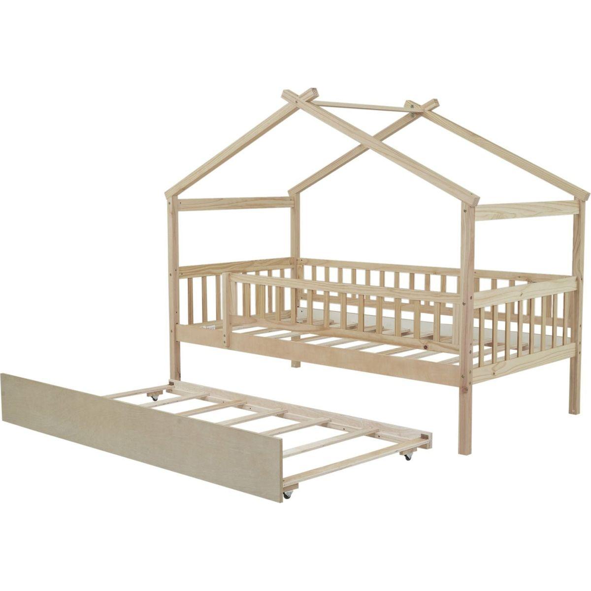 Twin Size Wooden House Bed with Twin Size Trundle, Natural