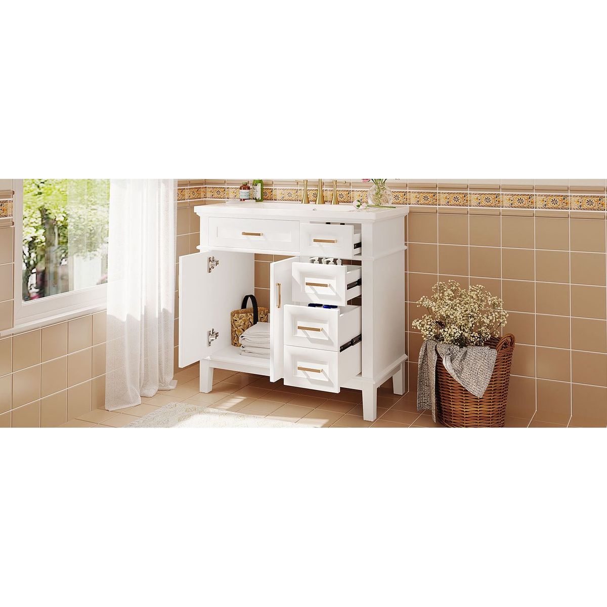 36-inch Bathroom Vanity with Resin Sink, Modern Bathroom Cabinet in White,Featuring Two Soft Close Doors and Four Drawers