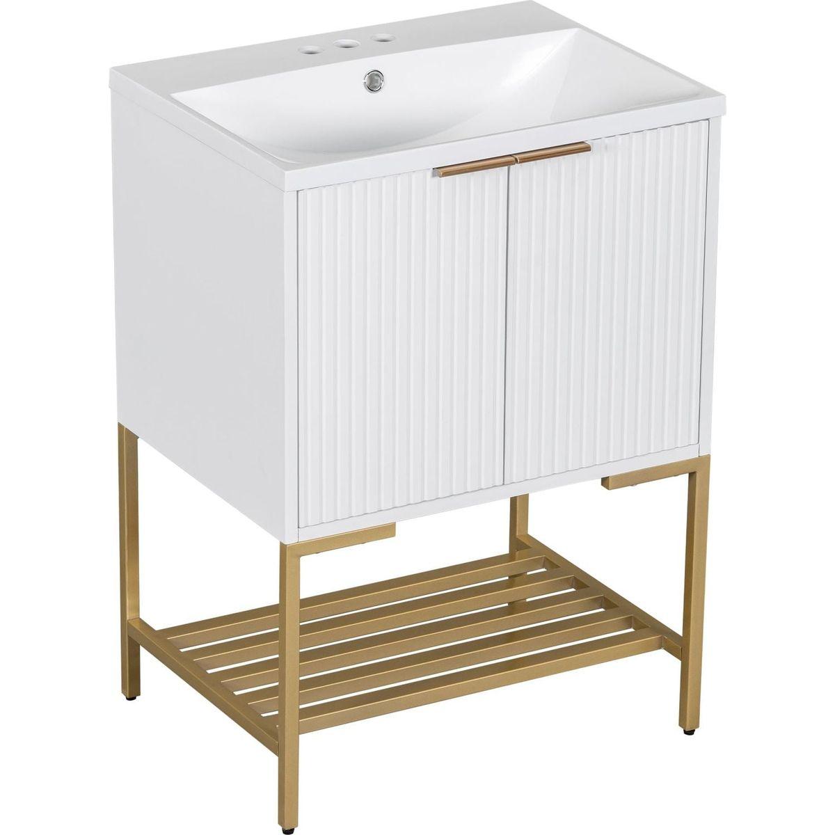 24" Bathroom Vanity with Sink, Bathroom Vanity Cabinet with Two Doors and Gold Metal Frame, Open Storage Shelf, White