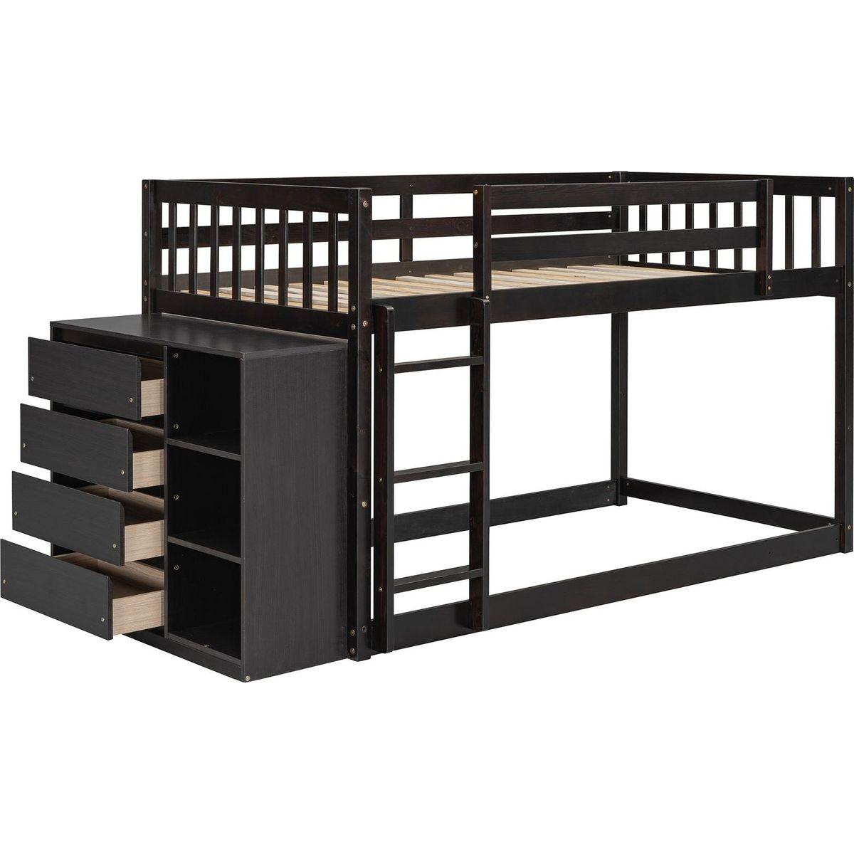Twin over Twin Bunk Bed with 4 Drawers and 3 Shelves-Espresso