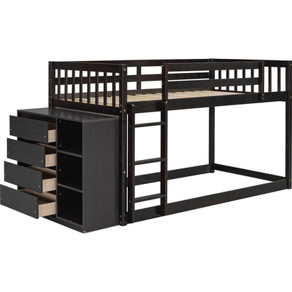 Twin over Twin Bunk Bed with 4 Drawers and 3 Shelves-Espresso