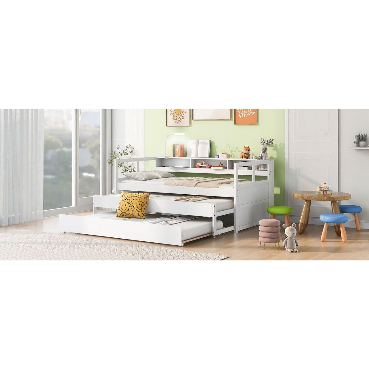 Twin XL Wood Daybed with 2 Trundles, 3 Storage Cubbies, 1 Light for Free and USB Charging Design, White