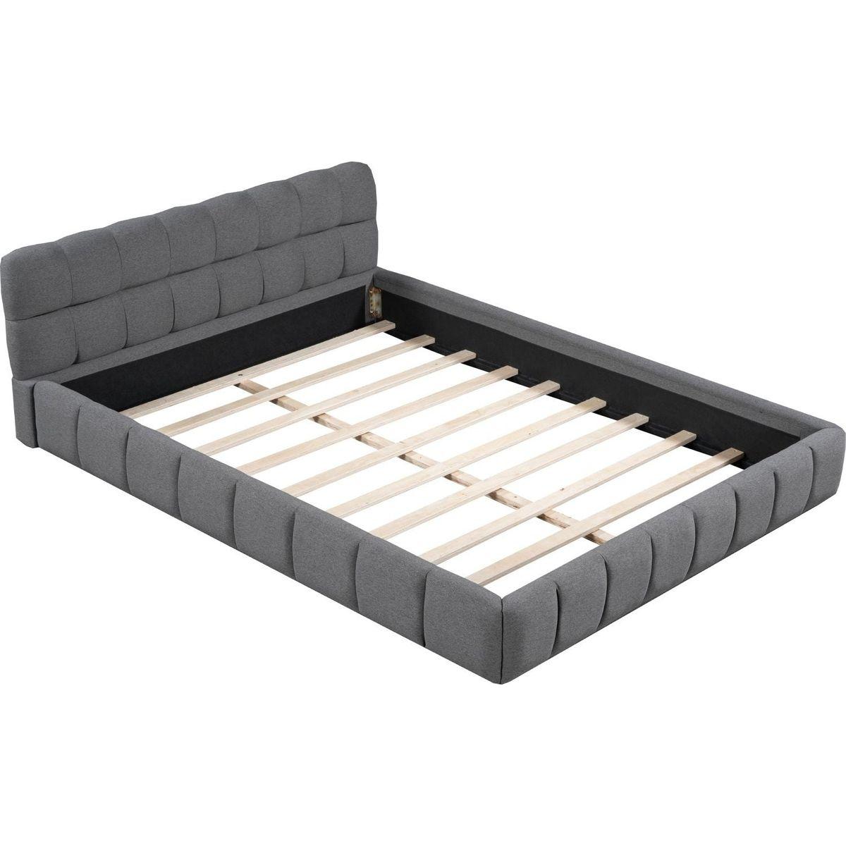 Queen Size Upholstered Platform Bed with Thick Fabric, Grounded Bed with Solid Frame, Gray