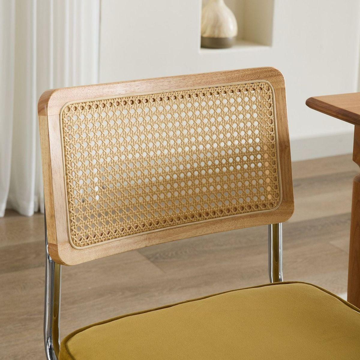 Mid Century Modern Dining Chairs Set of 2, Velvet Accent Chairs with Natural Cane Back & Stainless Chrome Base, Famous Breuer Designed Chairs, Upholstered Rattan Kitchen Chairs,Golden