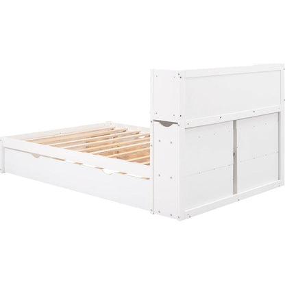 Full Size Storage Platform Bed with Pull Out Shelves, Twin Size Trundle and 2 Drawers, White