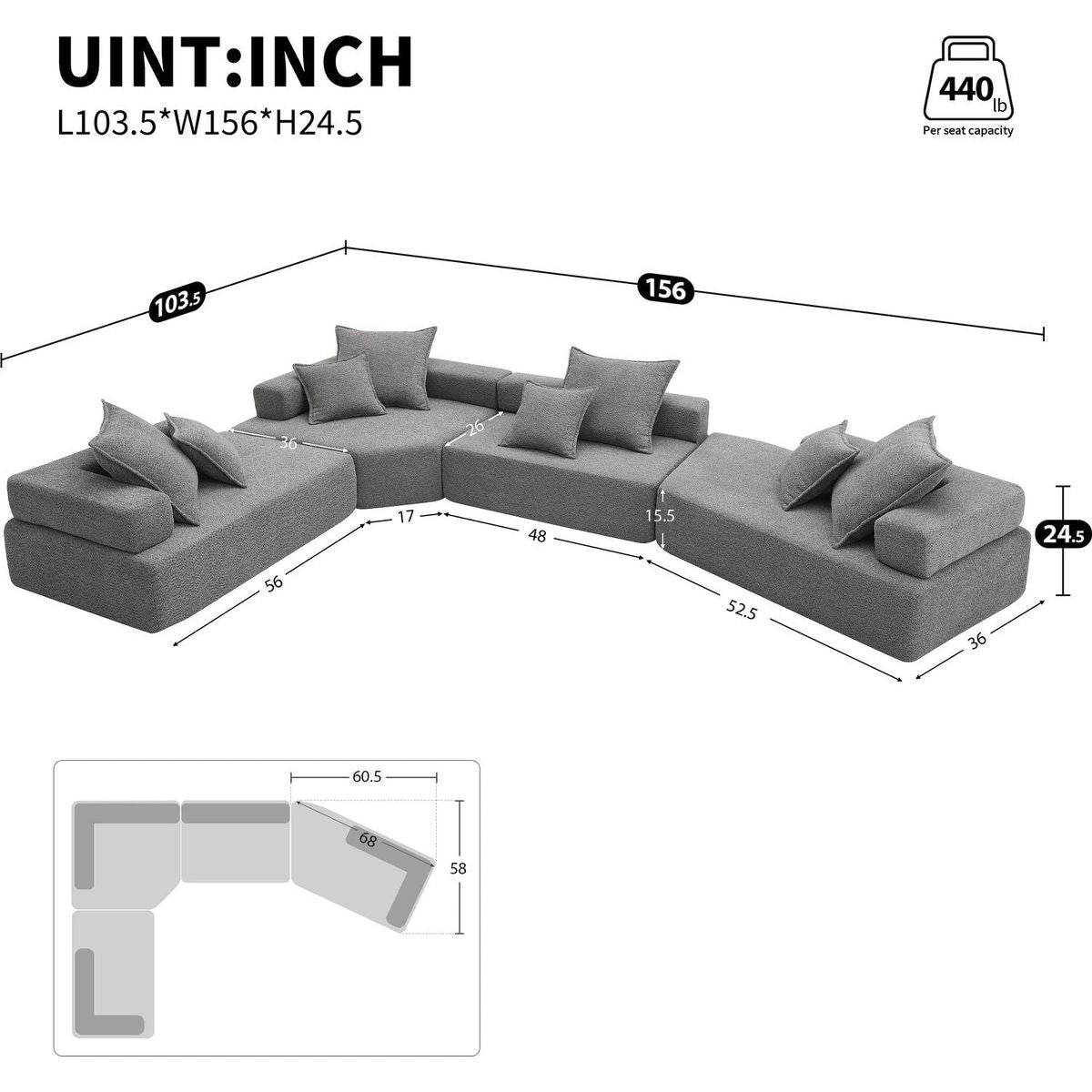 156"Oversized Modular U Shaped Sectional Sofa,Luxury Boucle Floor Couch Set,Convertible Sleeper Couch,Spacious Foam-Filled Sofa Bed for Living Room,4 PC Free Combination,2 Color