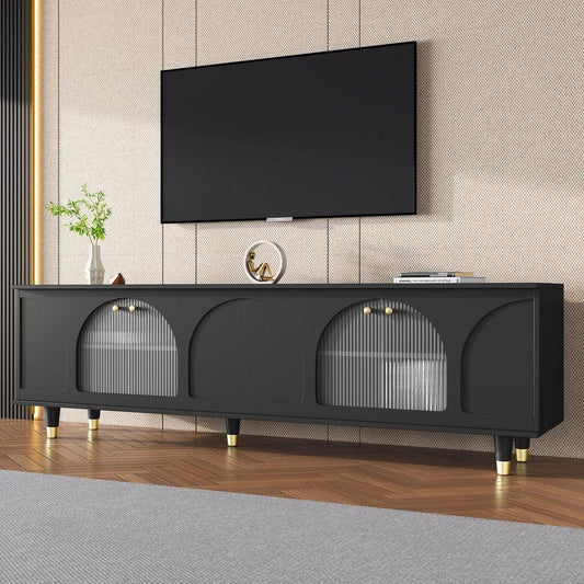 Contemporary TV Stand with Adjustable Shelves for TVs Up to 78", Stylish Media Console with Gold Handles and Arch Fluted Glass Doors, Delicate Entertainment Center for Living Room, Black