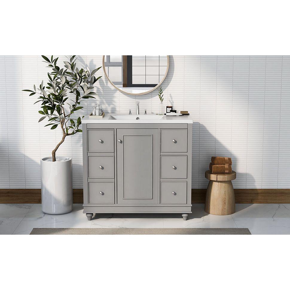 Contemporary Gray Bathroom Vanity Cabinet - 36x18x34 inches, 4 Drawers & 1 Cabinet Door, Multipurpose Storage, Resin Integrated Sink, Adjustable Shelves, Solid Wood Frame with MDF