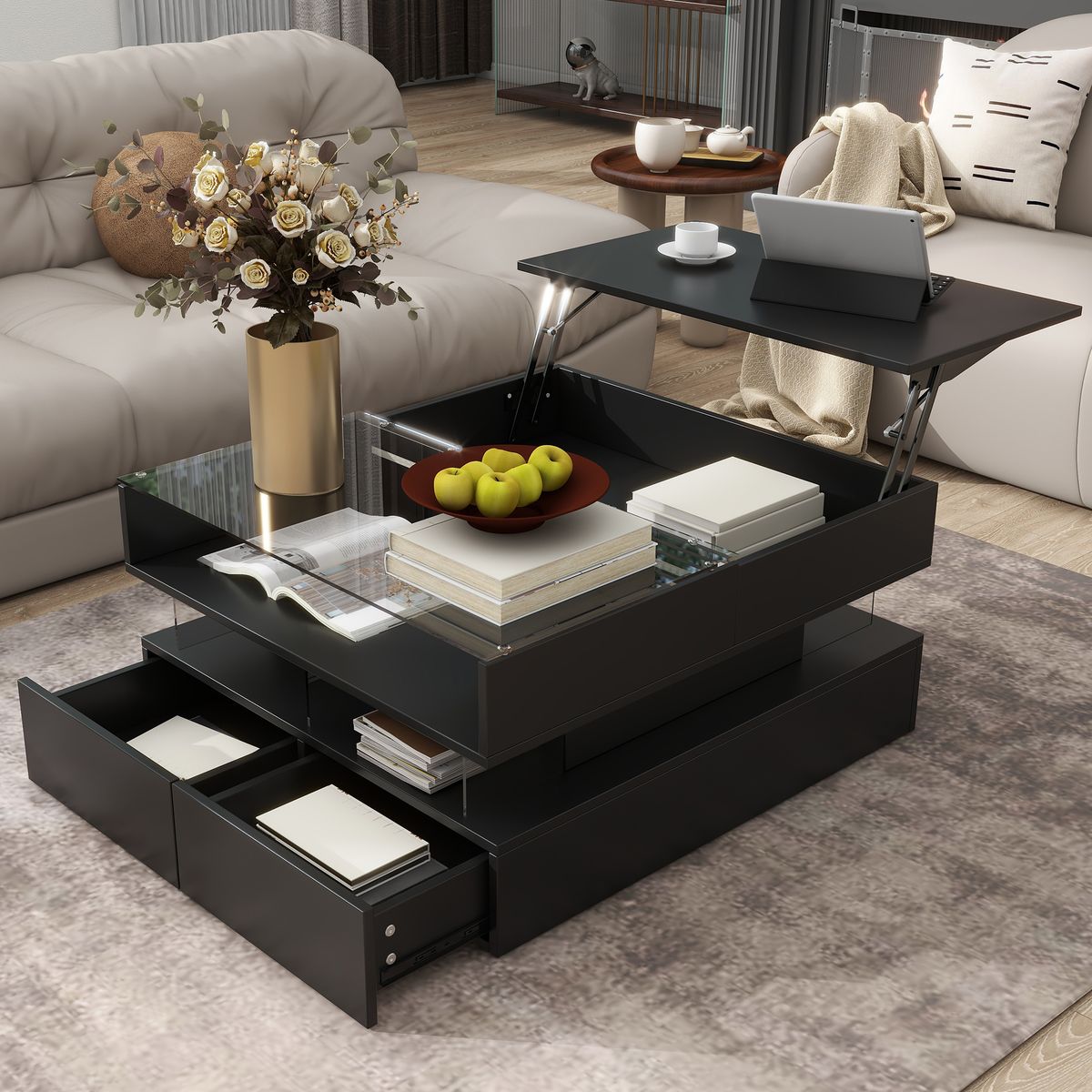 U-Can Lift-Top Coffee Table with 2 Drawers, Modern Square Coffee Table with Glass Top and High-Gloss Finish, Hidden Space and LED Lights for Living Room