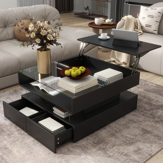 U-Can Lift-Top Coffee Table with 2 Drawers, Modern Square Coffee Table with Glass Top and High-Gloss Finish, Hidden Space and LED Lights for Living Room