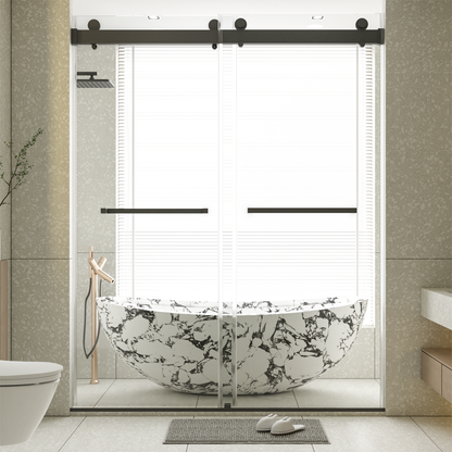 56-60 inches W x76 inches H Frameless Double Sliding Soft-Close Shower Door in Matte Black,3/8 inches (10mm) Thick SGCC Tempered Glass Door