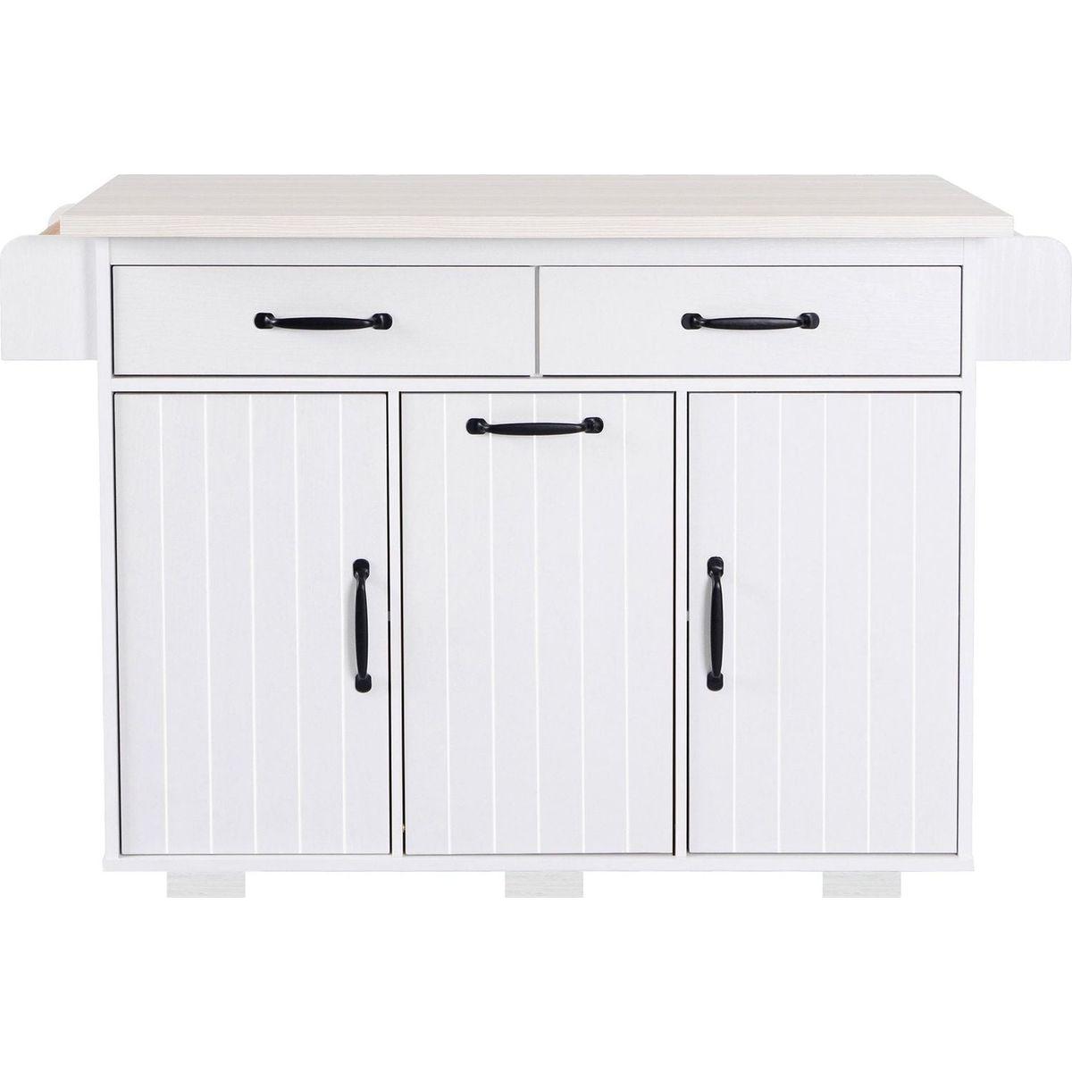 Kitchen Island with Trash Can Storage Cabinet, Kitchen Cart with Drop Leaf, Spice Rack, Towel Rack and Drawer, Rolling Kitchen Island on Wheels with Adjustable Shelf, White