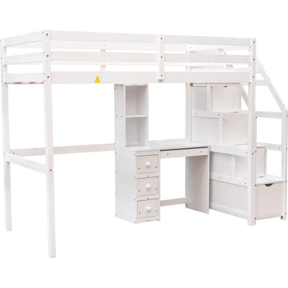 Twin Size Loft Bed with a Stand-alone Bed, Storage Staircase, Desk, Shelves and Drawers, White
