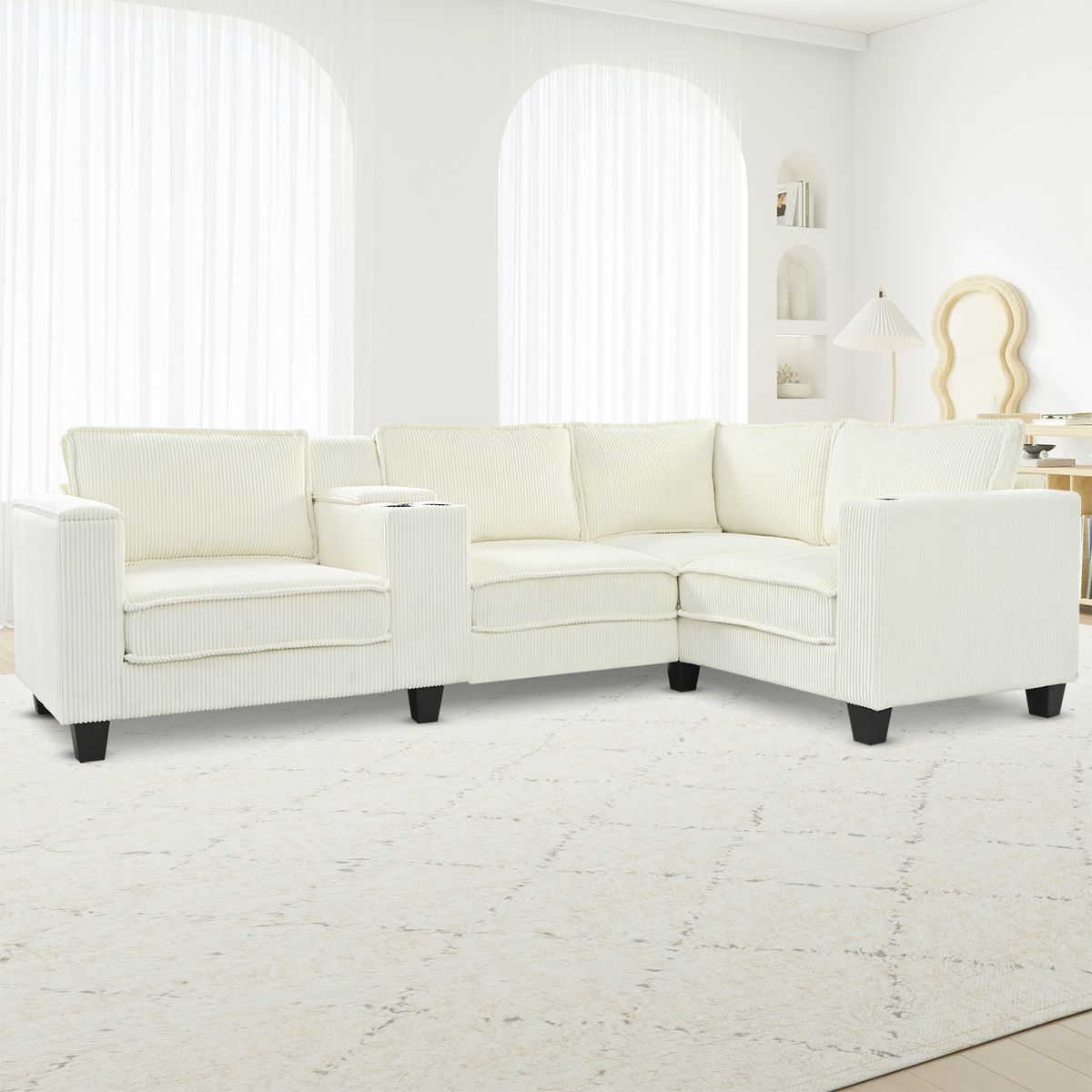 L-shaped 4-seater 105.5''*66.5'' corduroy sofa, large storage armrests with center console, USB charging, left and right seats can be switched, 2 packages of 130