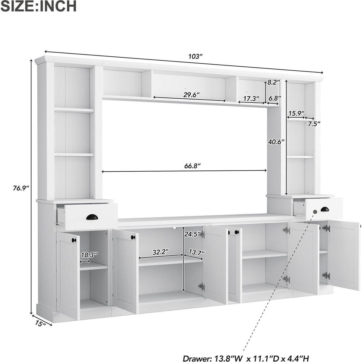 Minimalist Entertainment Wall Unit Set with Bridge for TVs Up to 75", Ample Storage Space TV Stand with Adjustable Shelves, Modernist Large Media Console for Living Room, White