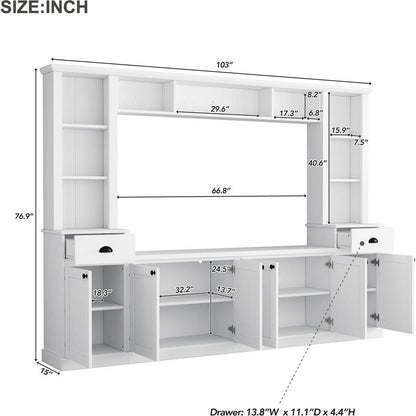 Minimalist Entertainment Wall Unit Set with Bridge for TVs Up to 75", Ample Storage Space TV Stand with Adjustable Shelves, Modernist Large Media Console for Living Room, White