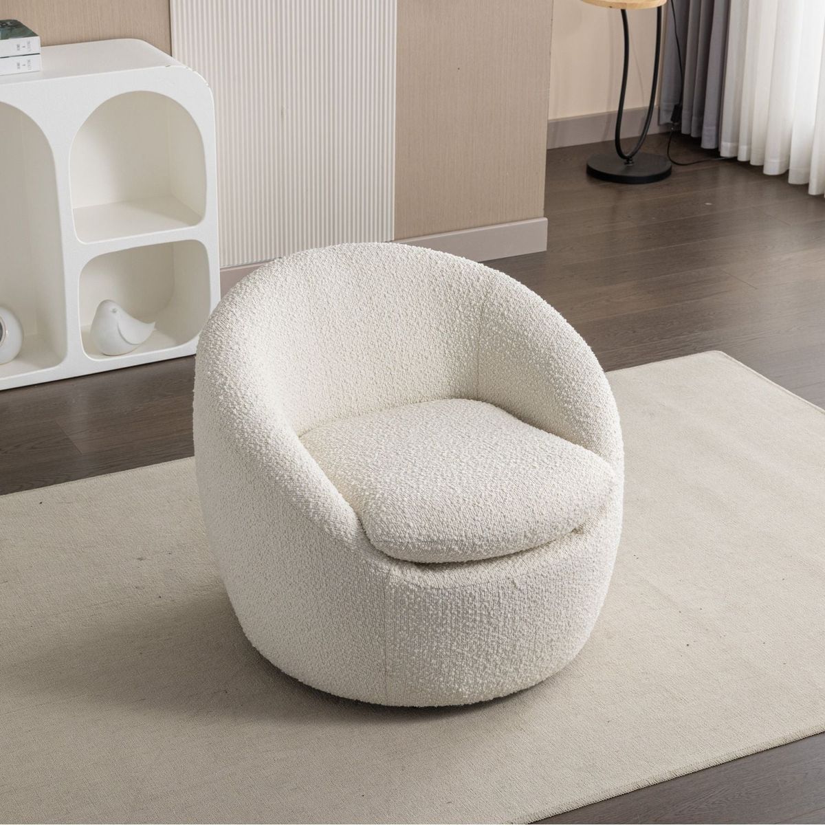 Winnie Modern Teddy Boucle Fabric Barrel Chair, 360 Swivel, White