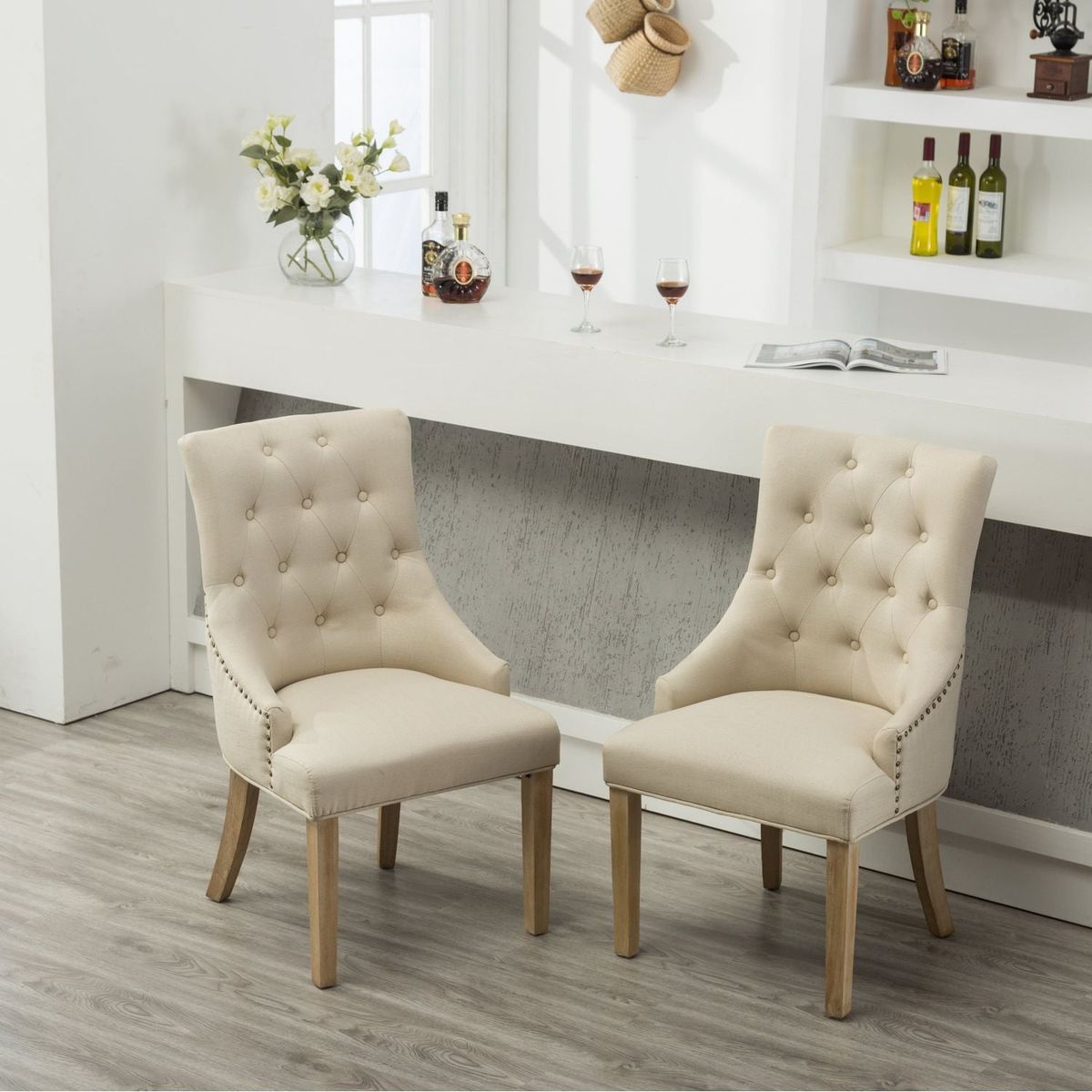 Tan Button Tufted Solid Wood Wingback Hostess Chairs with Nail Heads Set of 2