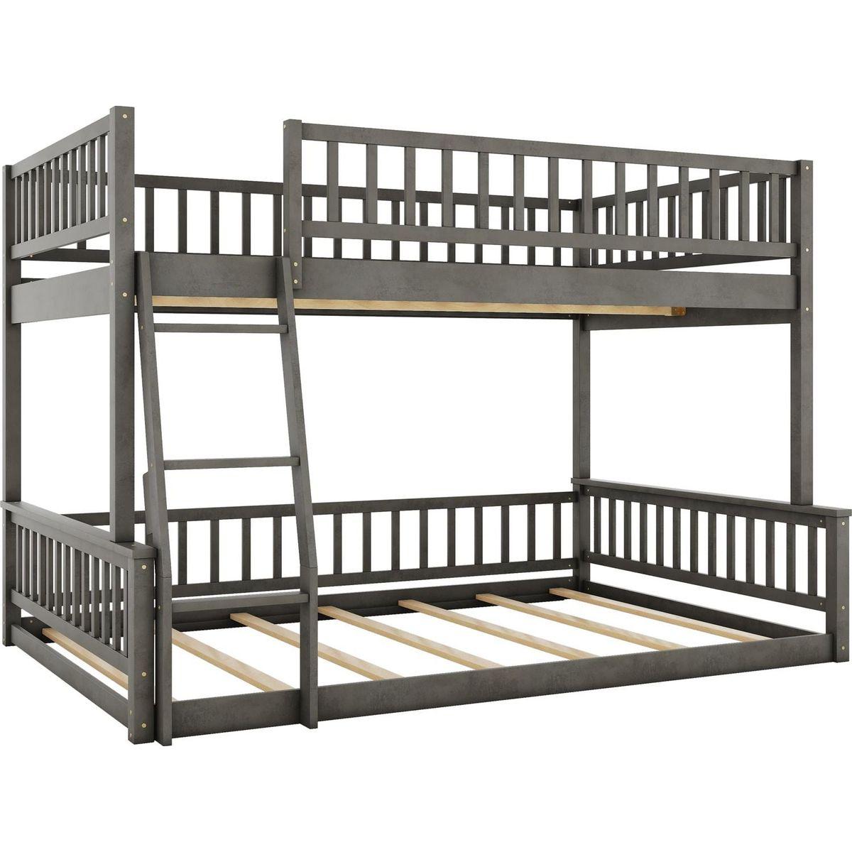 Full XL over Queen Bunk Bed with Ladder and Guardrails, Gray