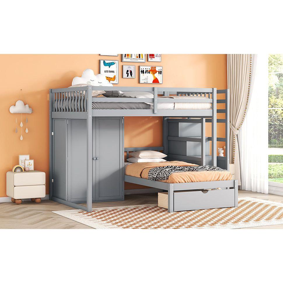 Full Over Twin Bunk Bed with Wardrobe, Drawers, Gray