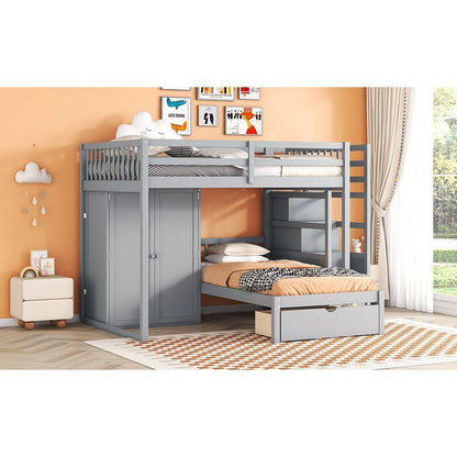 Full Over Twin Bunk Bed with Wardrobe, Drawers, Gray