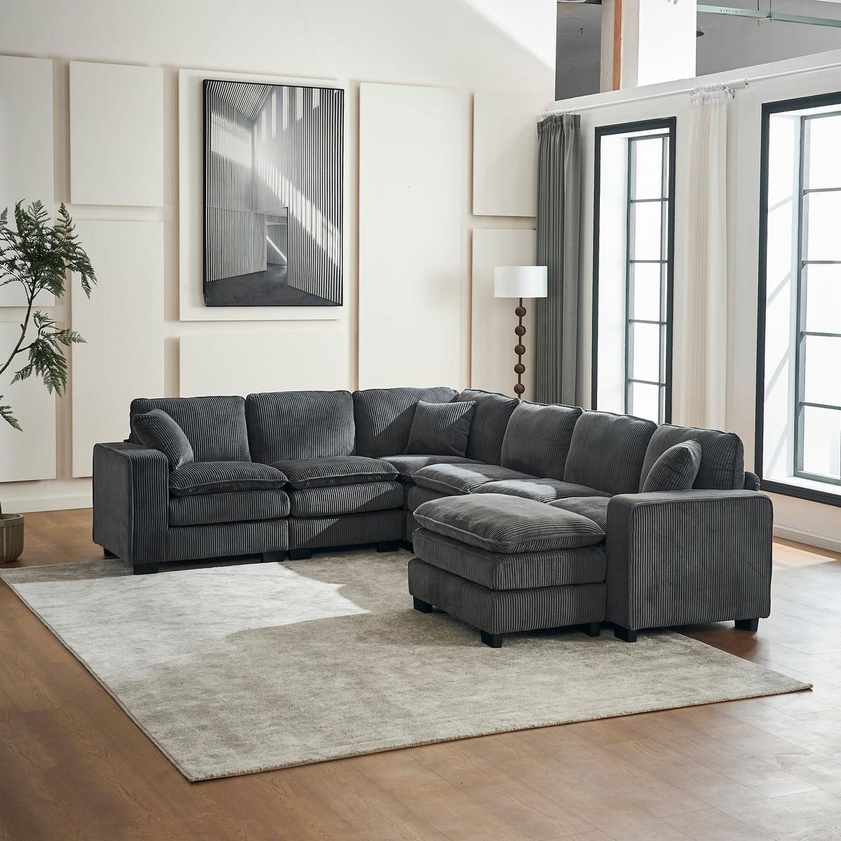 Modern U Shaped 6-seat Sectional Sofa Couch with one Ottoman and three toss pillows, Modular Sofa for Living Room,Corduroy sofa
