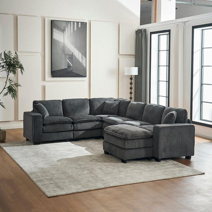 Modern U Shaped 6-seat Sectional Sofa Couch with one Ottoman and three toss pillows, Modular Sofa for Living Room,Corduroy sofa