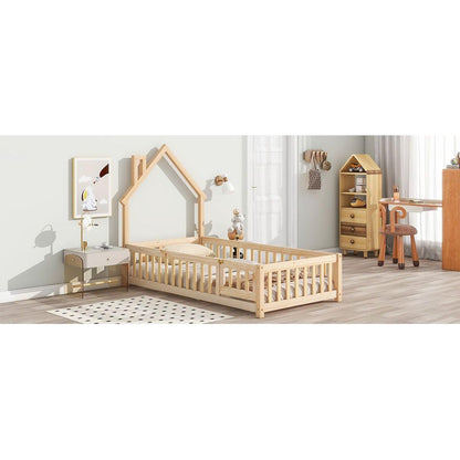 Twin House-Shaped Headboard Floor Bed with Fence ,Natural