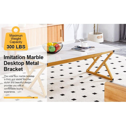 A modern minimalist style white marble patterned coffee table with golden metal legs. Computer desk. Game table. Tea table. CT-XX