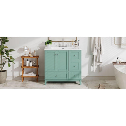 36 Inch Modern Bathroom Vanity with USB Charging, Two Doors and Three Drawers Bathroom Storage Vanity Cabinet, Small Bathroom Vanity cabinet with single sink, Green - Faucets Not Included