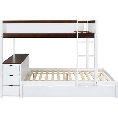 Full-Over-Full Bunk Bed with Twin size Trundle, Storage and Desk, White+Walnut