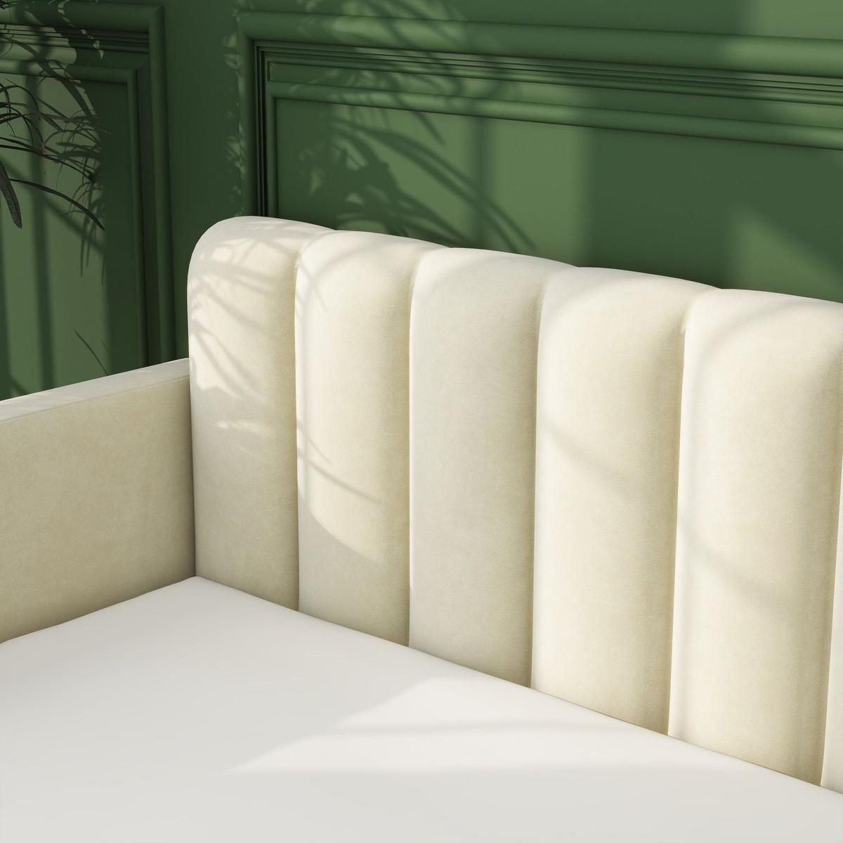 Flora Upholstered Daybed with 2 Drawers, Twin, Ivory Velvet, Ribbed Tufted Backrest, Daybed in Lavish Modern Design