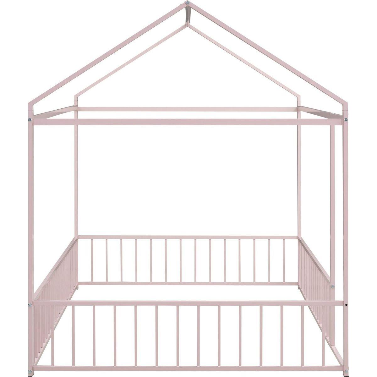 Full Size Metal Bed House Bed Frame with Fence, for Kids, Teens, Girls, Boys,Pink