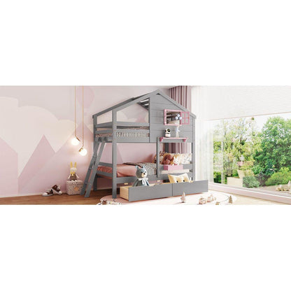 Twin over Twin Bunk Bed with 2 Drawers, 1 Storage Box, 1 Shelf, Window and Roof-Gray