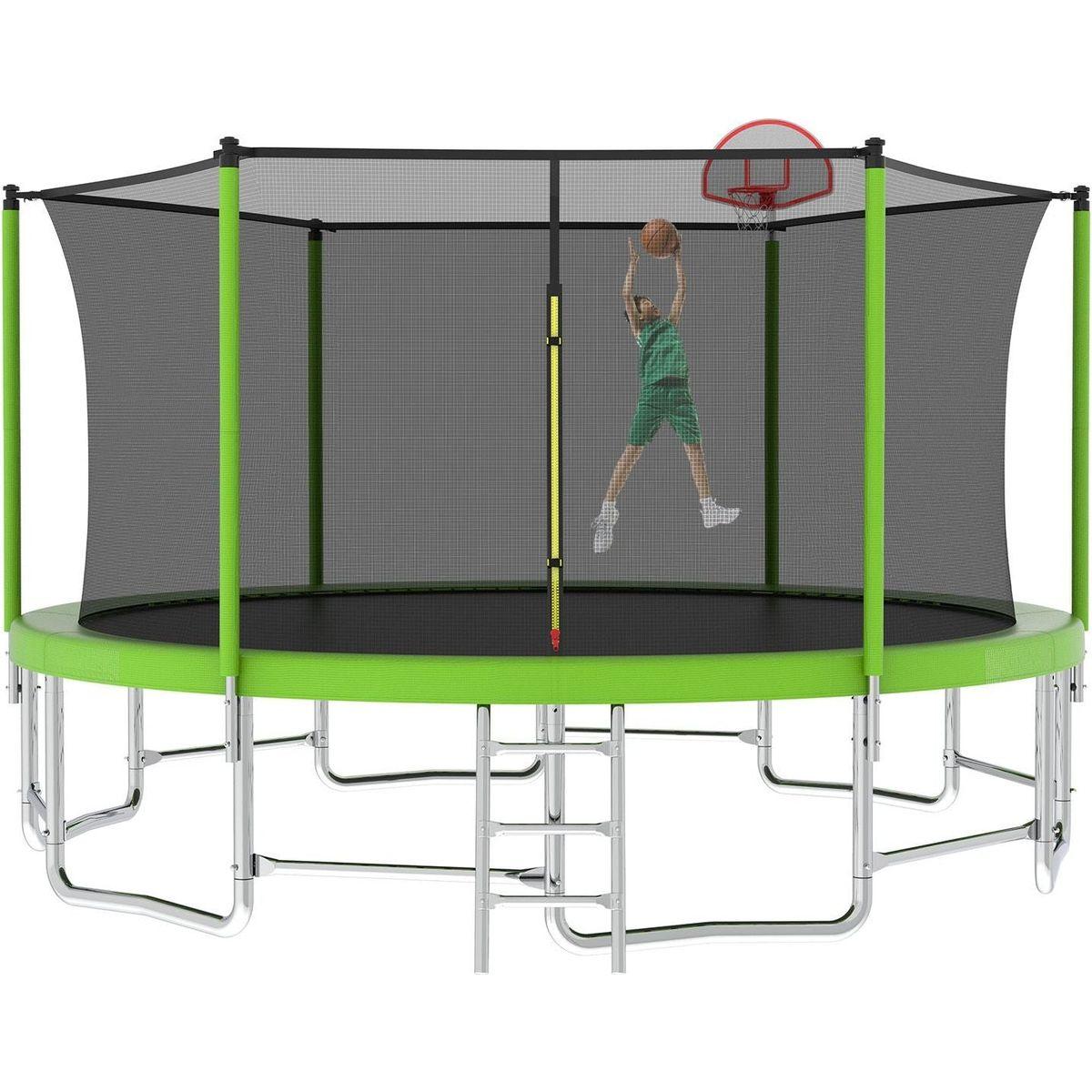 16FT Trampoline with Balance Bar & Basketball Hoop&Ball, ASTM Approved Reinforced Type Outdoor Trampoline with Enclosure Net