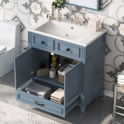 30" Bathroom Vanity with Resin Sink,Solid Wood Frame Bathroom Storage Cabinet with Soft Closing Doors,Retro Style, Blue