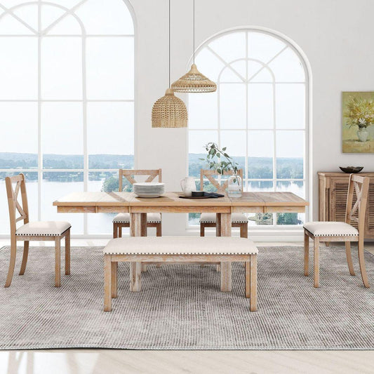 Farmhouse 82inch 6-Piece Extendable Dining Table with Footrest, 4 Upholstered Dining Chairs and Dining Bench, Two 11"Removable Leaf, Natural+Beige Cushion