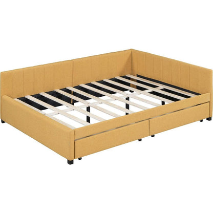 Full Size Upholstered Daybed with 2 Storage Drawers Sofa Bed Frame No Box Spring Needed, Linen Fabric (Yellow)