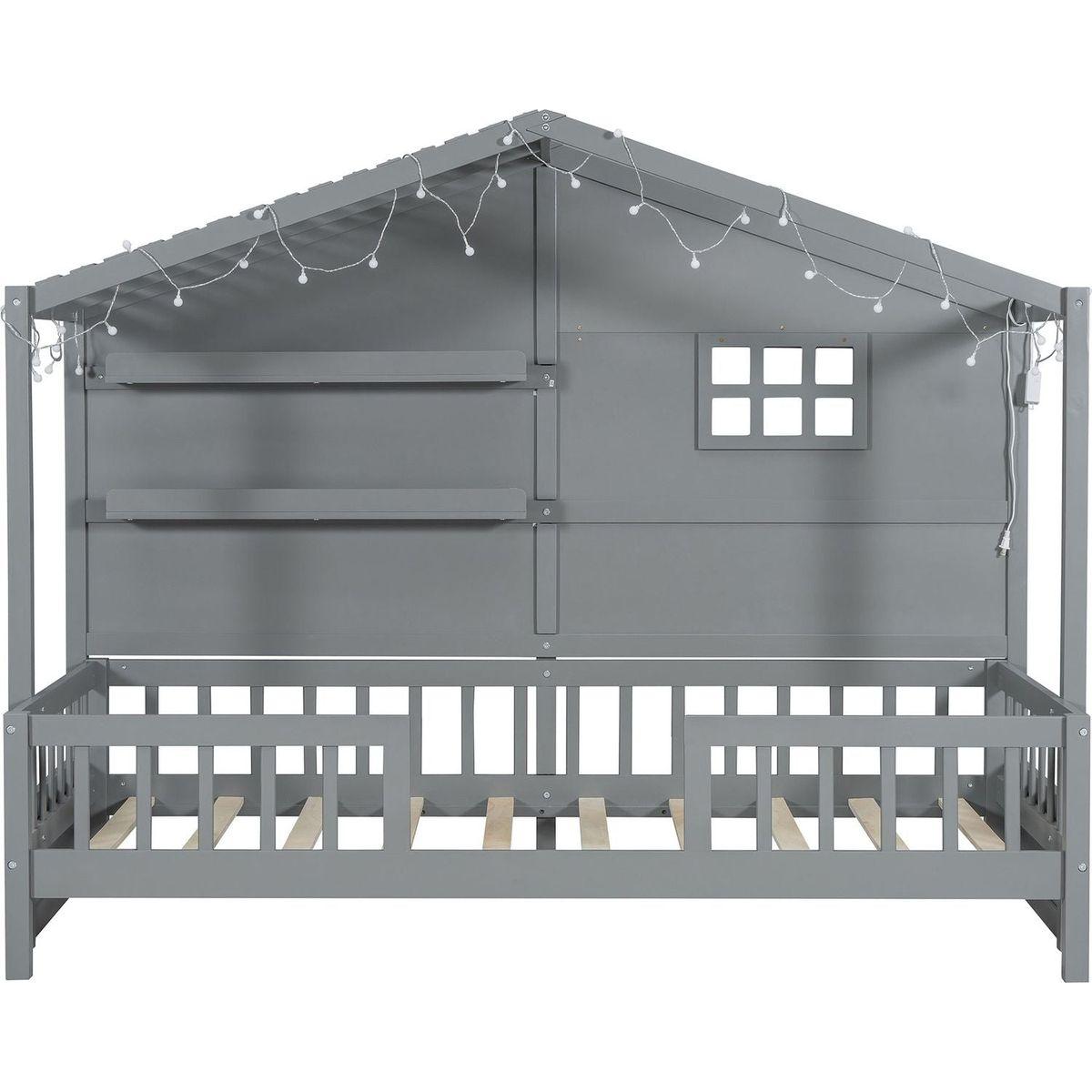 Twin Size House Bed with Shelves, House Bed with Window and Sparkling Light Strip on the Roof, Gray