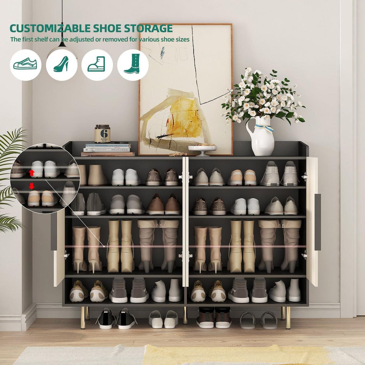 Shoe Cabinet with 4 Doors Large Modern Shoe Storage Organizer Cabinet with Adjustable Shelves for Entryway Black Shoe Rack Cabinet for Living room, bedroom