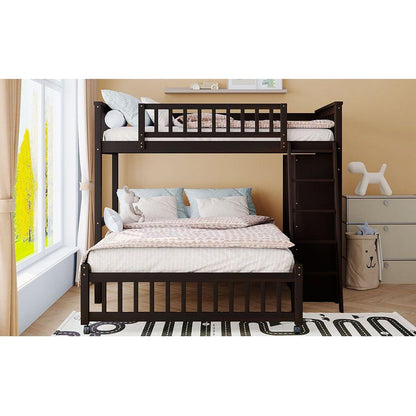 Wooden Twin Over Full Bunk Bed With Six Drawers And Flexible Shelves,Bottom Bed With Wheels,Espresso