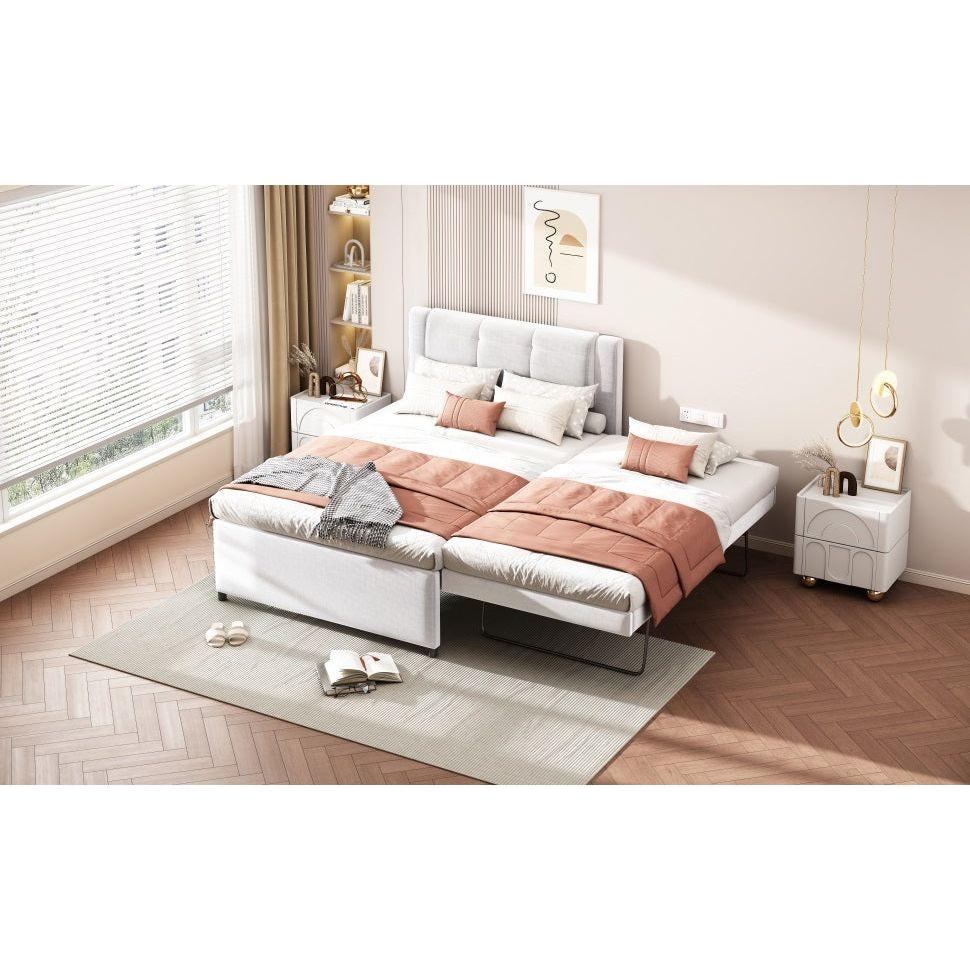 Full Size Upholstery platform bed with Trundle,Trundle can be flat or erected, Beige
