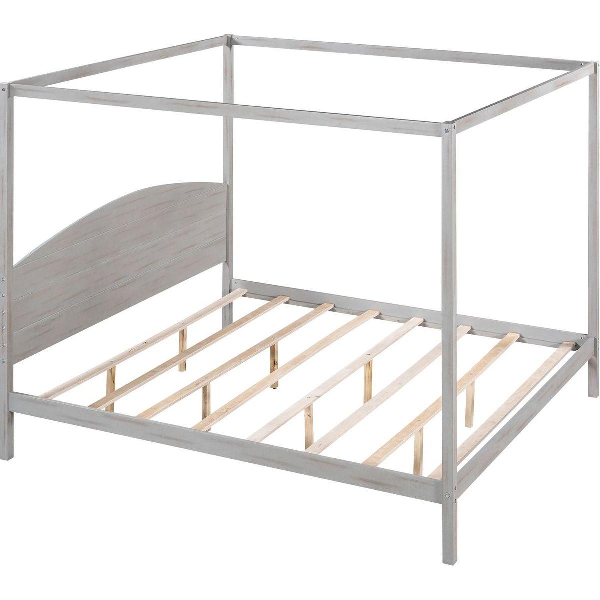 King Size Canopy Platform Bed with Headboard and Support Legs, Grey Wash