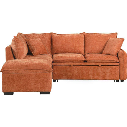 82.67"Convertible Sofa Bed Sectional Sofa Sleeper L-shaped Sofa with a Storage Ottoman,Two Pillows, Two Power Sockets and Two USB Ports for Living Room, Orange