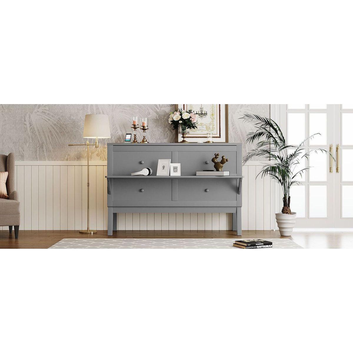 Queen Size Murphy Bed with USB Port and removable Shelves on Each Side,Gray