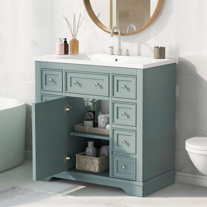 36" Bathroom Vanity with Sink Combo, One Cabinet and Six Drawers, Solid Wood and MDF Board, Green