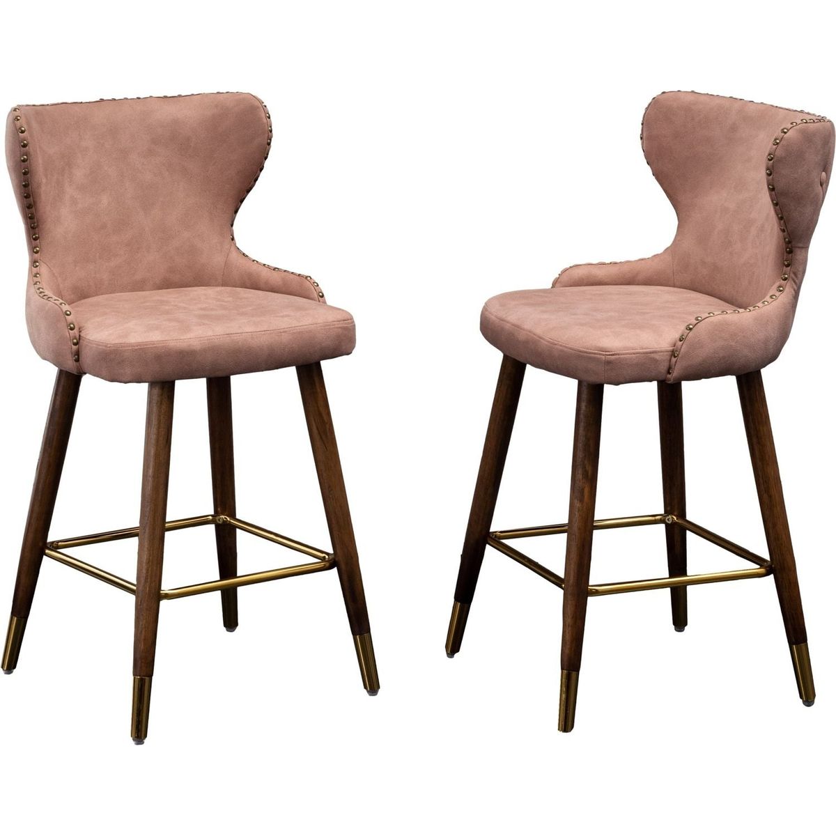 Nevis Mid-century Modern Faux Leather Tufted Nailhead Trim Counter Stool Set of 2, Pink