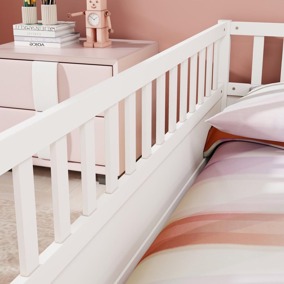 Full size Floor bed, integral construction with super high security barrier, door, children's floor bed frame, Montessori wooden children's floor bed, white - Streamdale Furniture