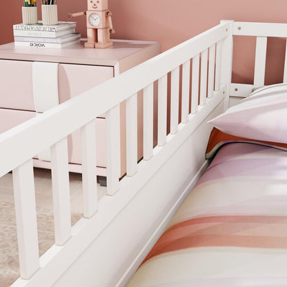 Full size Floor bed, integral construction with super high security barrier, door, children's floor bed frame, Montessori wooden children's floor bed, white - Streamdale Furniture